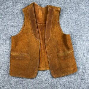 Vintage Leather Vest Mens Large Brown Western Collarless Open Front Unlined